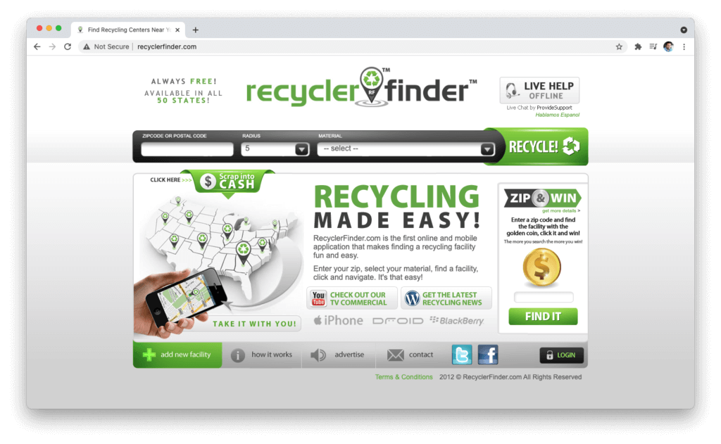 Recycler Finder start screen on desktop